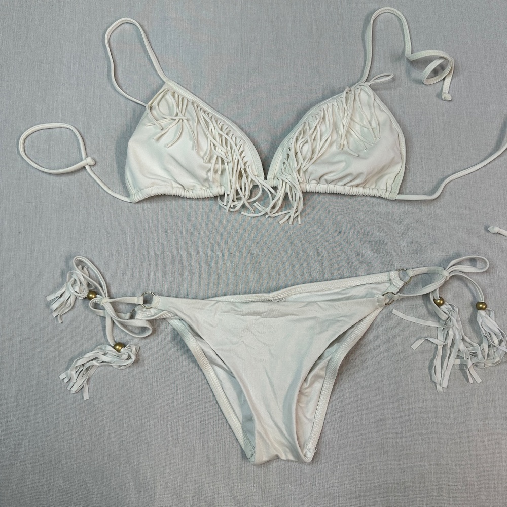 LA Hearts White Fringe String Bikini XL